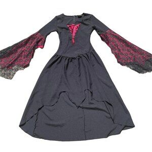 Halloween Renaissance Fair Witchy Black Red Goth Lace Maxi Dress Costume Size M